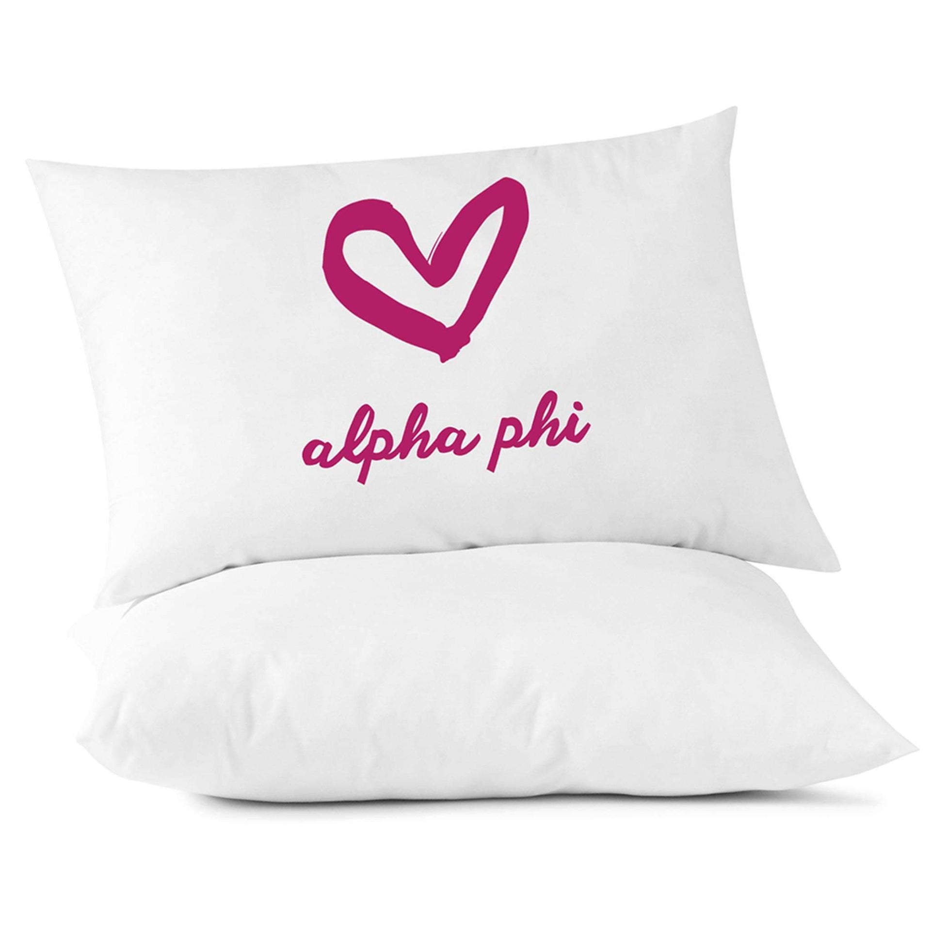 Alpha Phi sorority name with heart design custom printed on pillowcase.