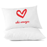 Chi Omega sorority name and heart design custom printed on pillowcase
