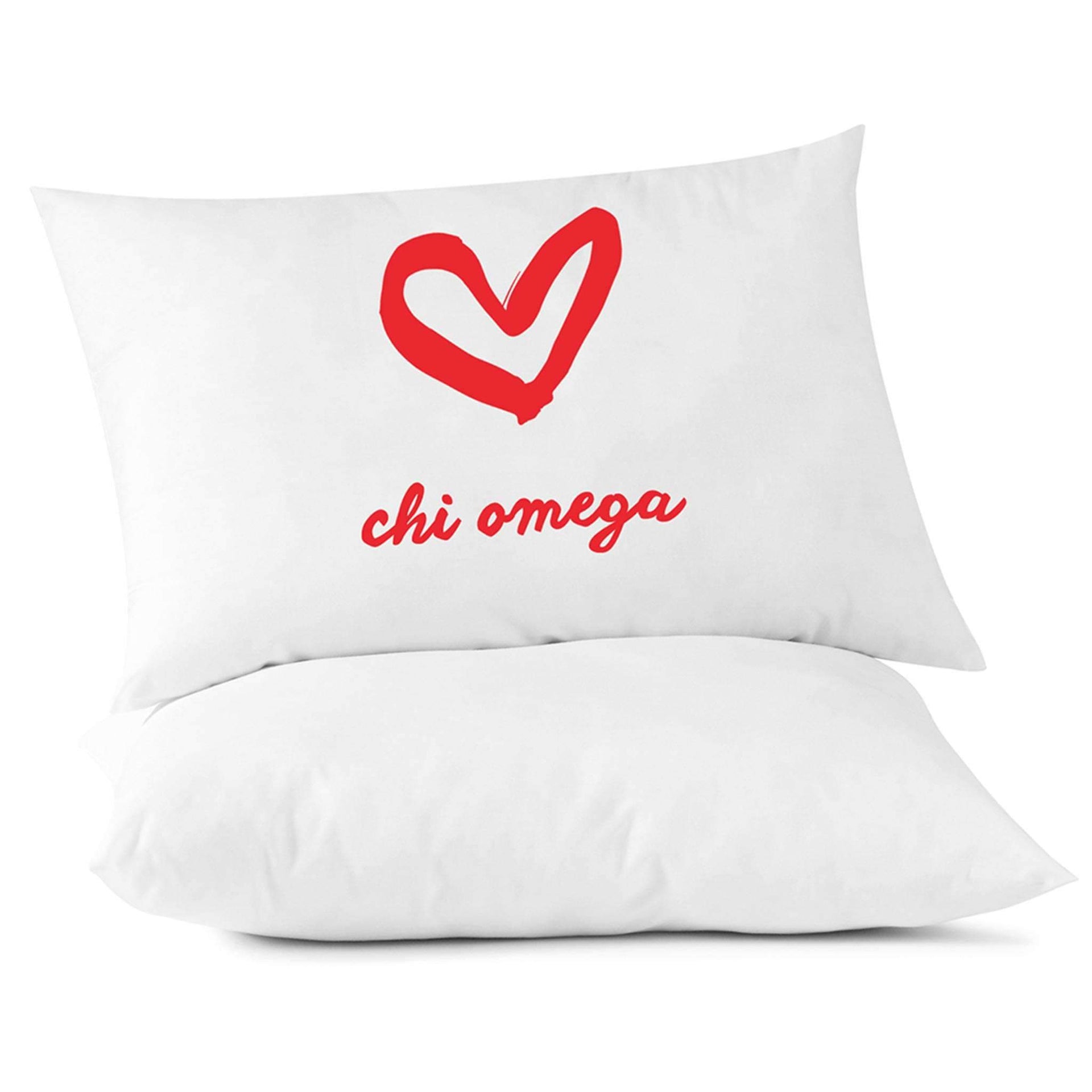 Chi Omega sorority name and heart design custom printed on pillowcase