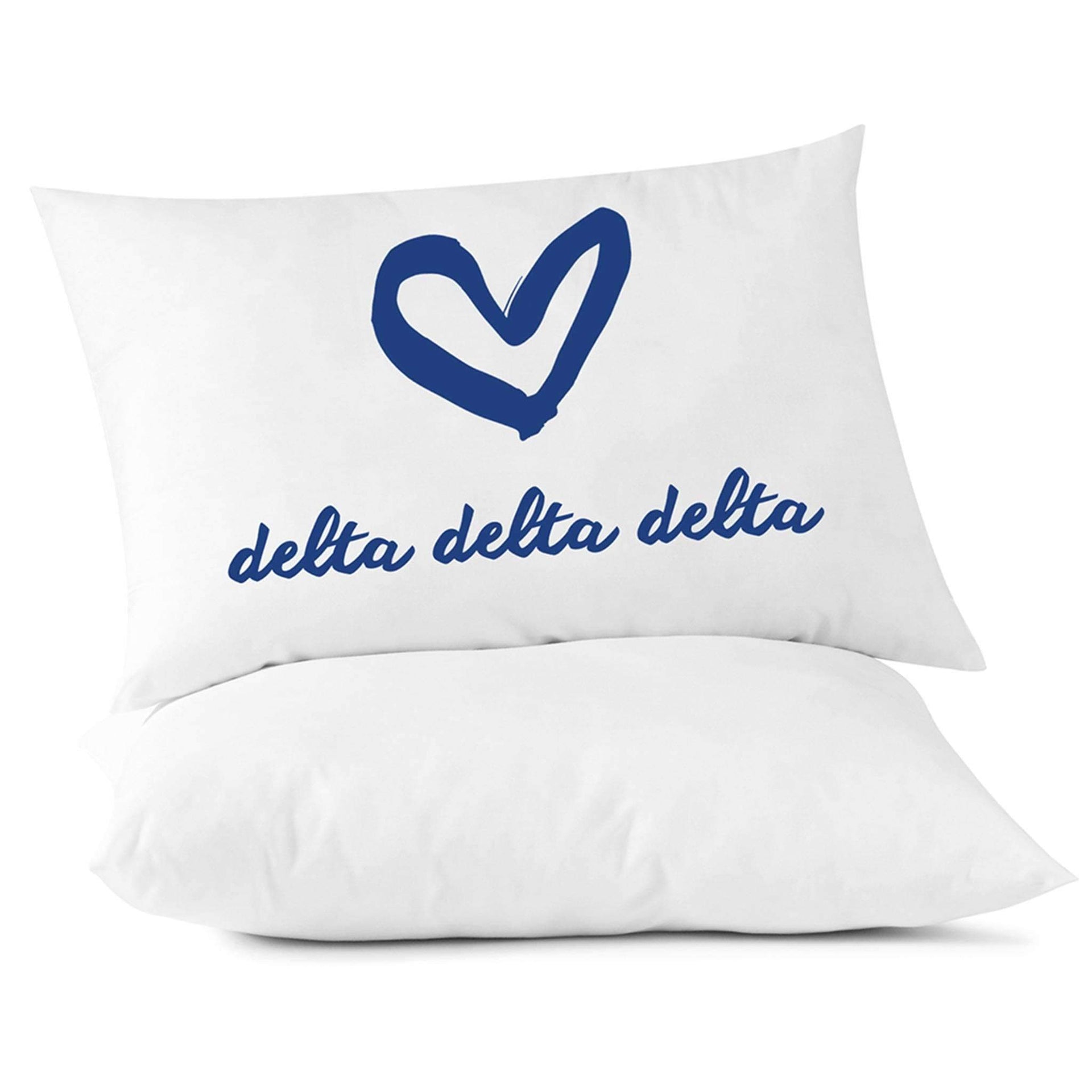 Tri Delta sorority name with heart design custom printed o pillowcase.