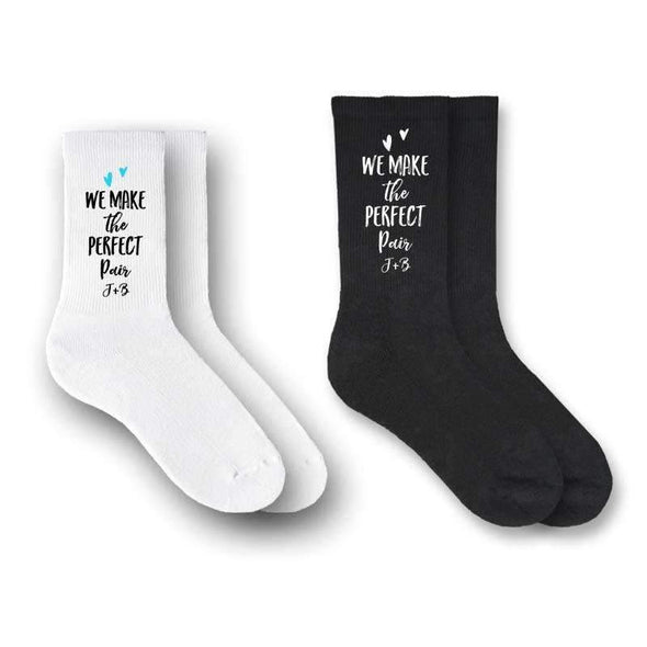 The perfect pair his and hers personalized with your initials custom printed matching crew socks.