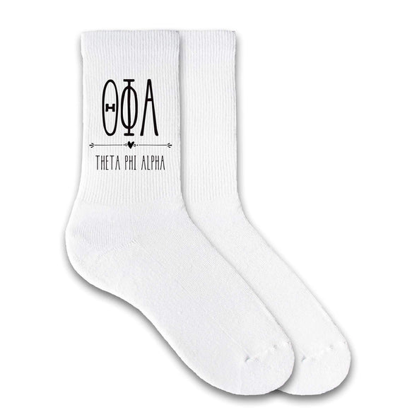 Theta Phi Alpha sorority letters and name custom printed on crew socks