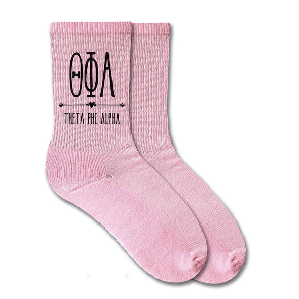 Theta Phi Alpha sorority name custom printed on pink crew socks