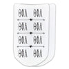 Theta Phi Alpha sorority letters repeating pattern on white cotton no show socks