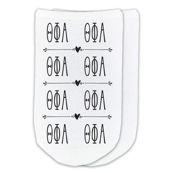 Theta Phi Alpha sorority letters repeating pattern on white cotton no show socks