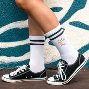 Theta Phi sorority name custom printed on striped crew socks