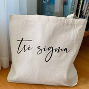 Tri Sigma sorority nickname custom printed on canvas tote bag is the perfect college tote bag.