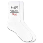 Cute math equation with two name equal to prom custom printed on crew socks.