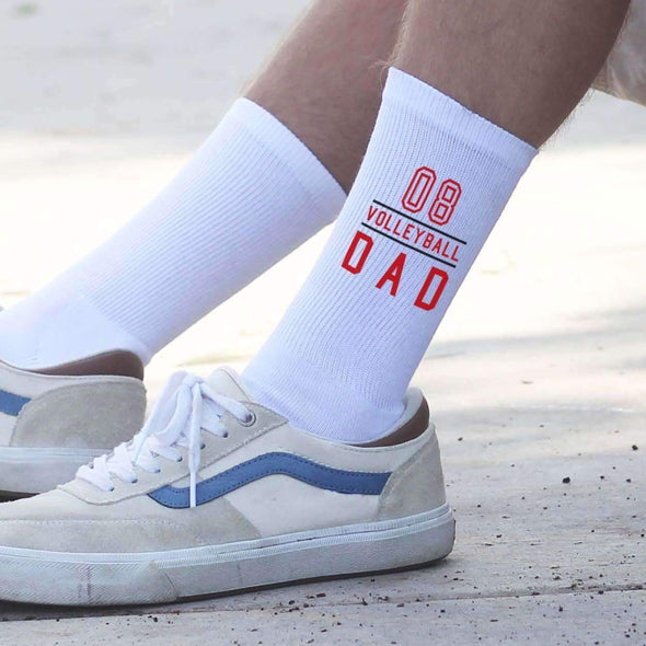 Custom printed volleyball socks with Volleyball Dad custom printed on crew socks.