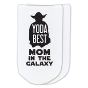 Yoda best Mom in the galaxy design custom printed on white cotton no show socks.