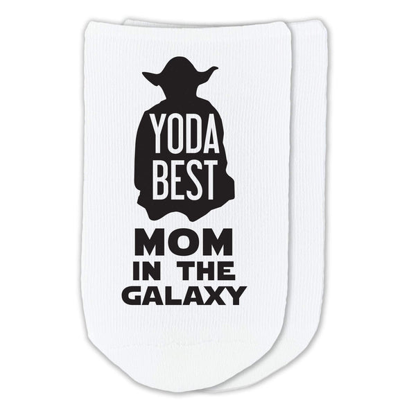 Yoda best Mom in the galaxy design custom printed on white cotton no show socks.