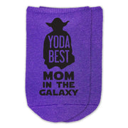 Yoda best mom in the galaxy custom printed on purple no show socks.