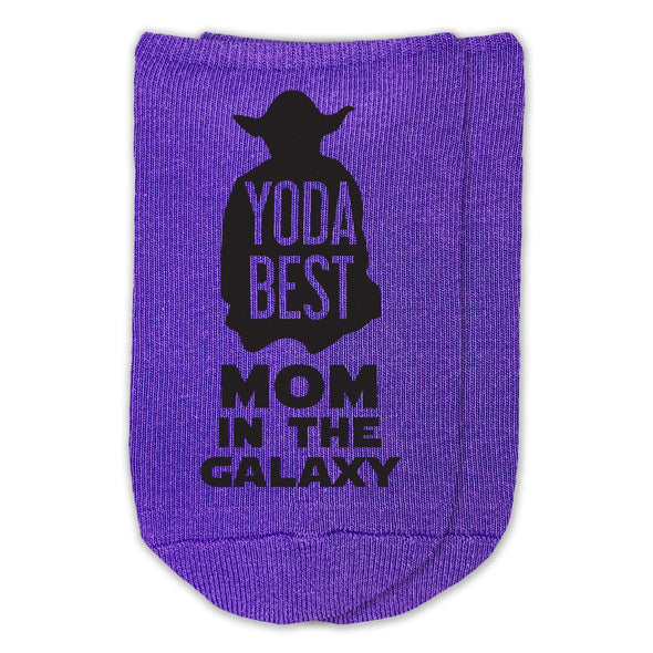 Yoda best mom in the galaxy custom printed on purple no show socks.