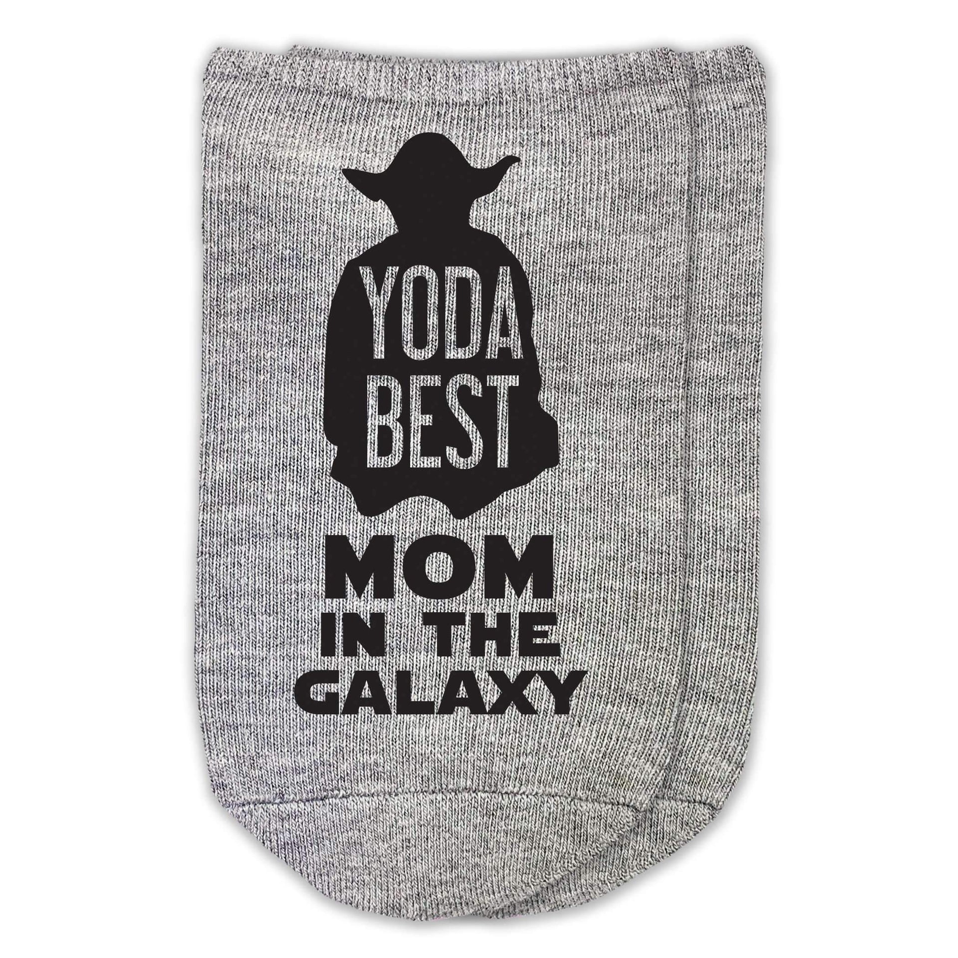 Yoda best mom in the galaxy custom printed on heather gray no show socks.