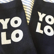 YOLO you only live once digitally printed on cotton crew socks.