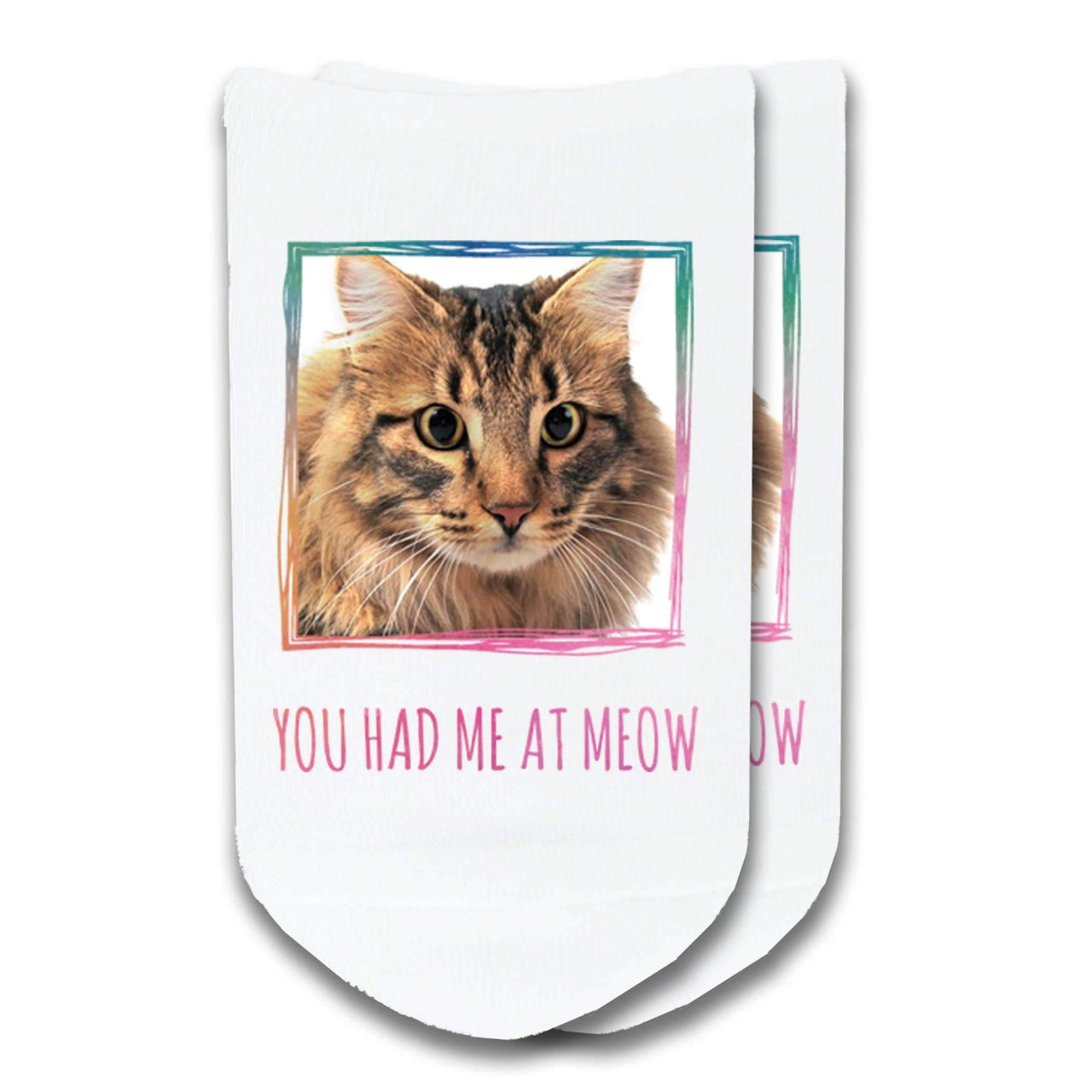 You had me at meow and a photo of your cat custom printed in a box design on no show socks.