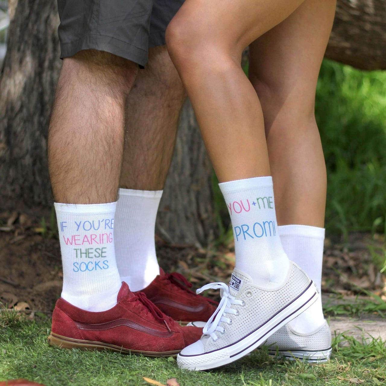 You and me equals prom custom printed on crew socks.