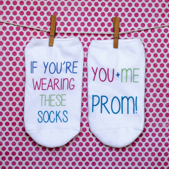 Custom printed promposal socks on white cotton no show socks.
