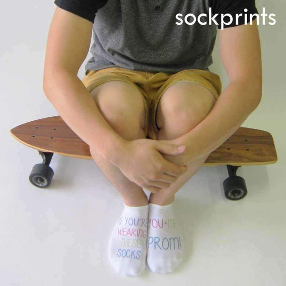 Promposal socks custom printed on the top of white cotton no show socks.