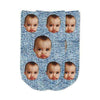 Cute denim photo face socks digitally printed in ink on cotton no show socks personalized using your own photo cropped into the design and printed on the top of cotton no show socks.
