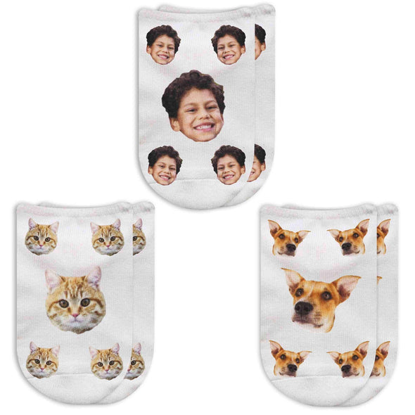Custom printed white cotton no show socks using your own personalized photo cropped and duplicated we print on the top of the no show footie socks.