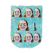 Fun no show socks custom printed with turquoise granular background and personalized using your own photos cropped into the design we print on the top of no show footie socks to make a unique gift.