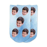 Comfy no show socks custom printed with blue wash background and personalized using your own photos cropped into the design we print on the top of no show footie socks to make a unique gift.