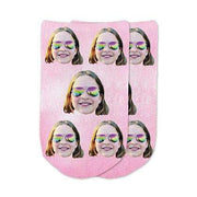 Cute no show socks custom printed with pink wash background and personalized using your own photos cropped into the design we print on the top of no show footie socks to make a unique gift.