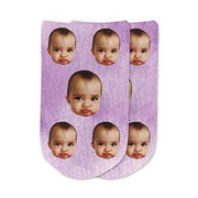 Cool no show socks custom printed with purple wash background and personalized using your own photos cropped into the design we print on the top of no show footie socks to make a unique gift.