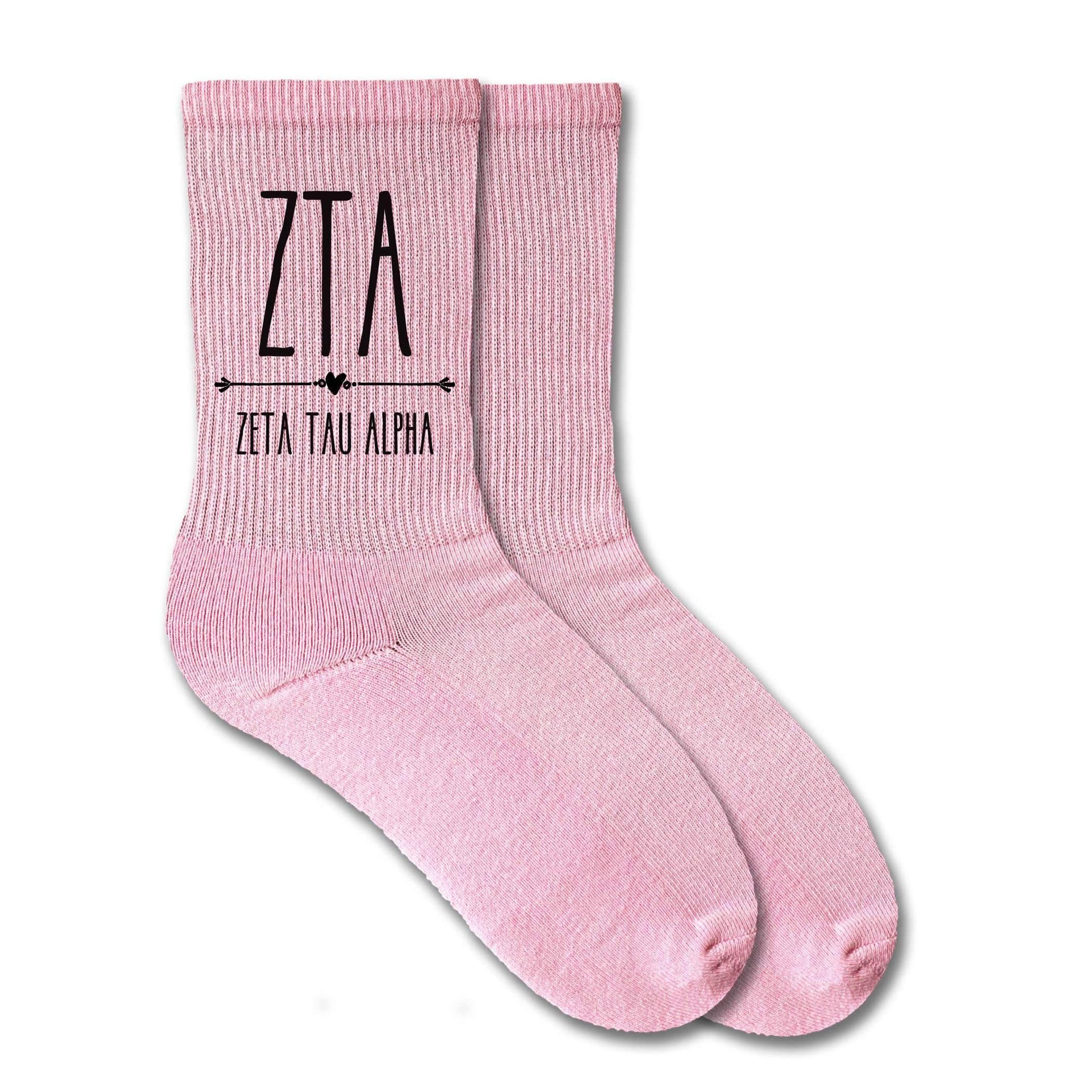 ZTA sorority letters custom printed on pink crew socks