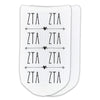 Zeta Tau Alpha sorority letters custom printed on white cotton no show socks