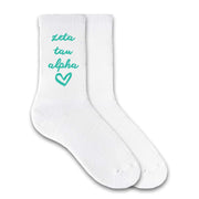 Zeta Tau Alpha sorority name heart design custom printed on white cotton crew socks
