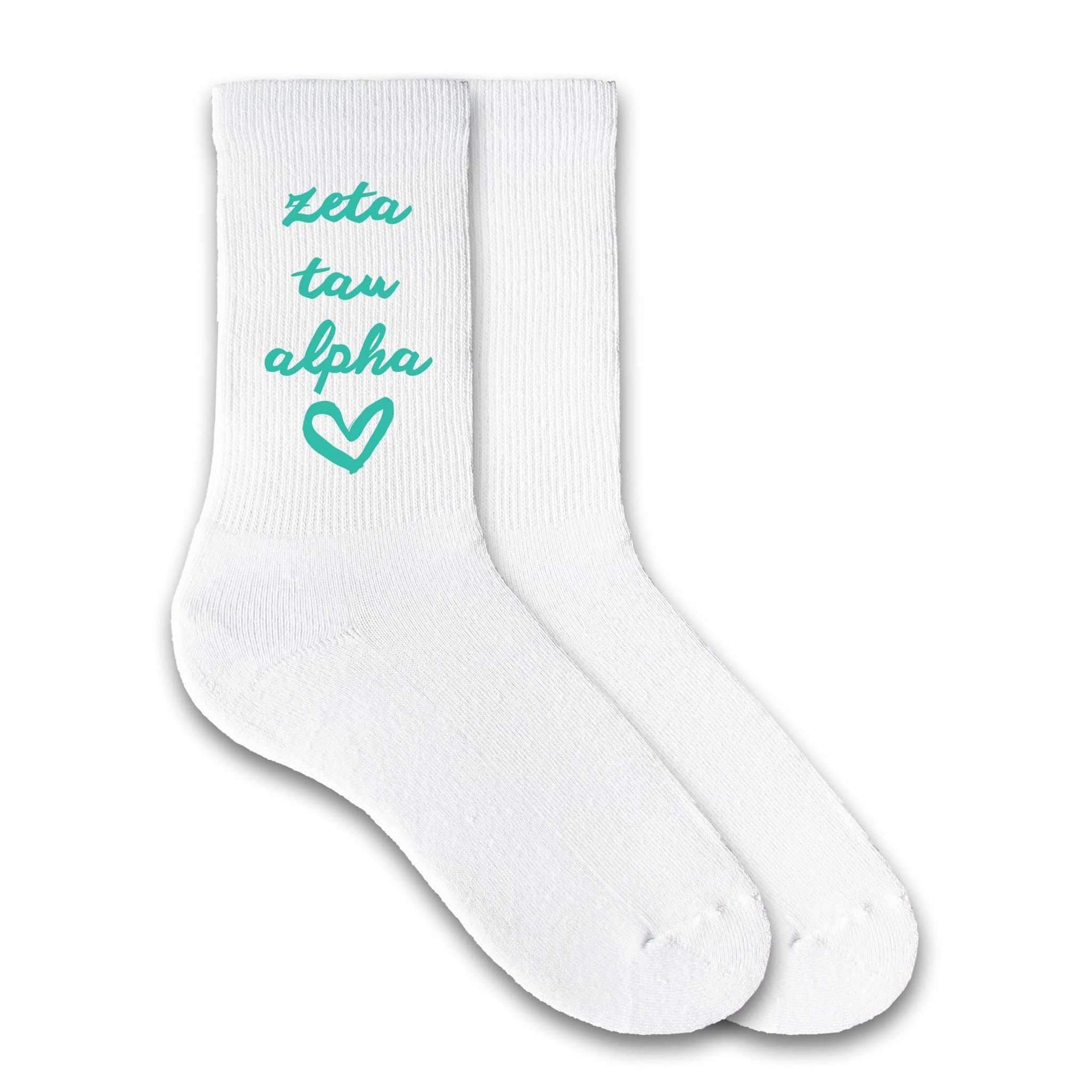 Zeta Tau Alpha sorority name heart design custom printed on white cotton crew socks